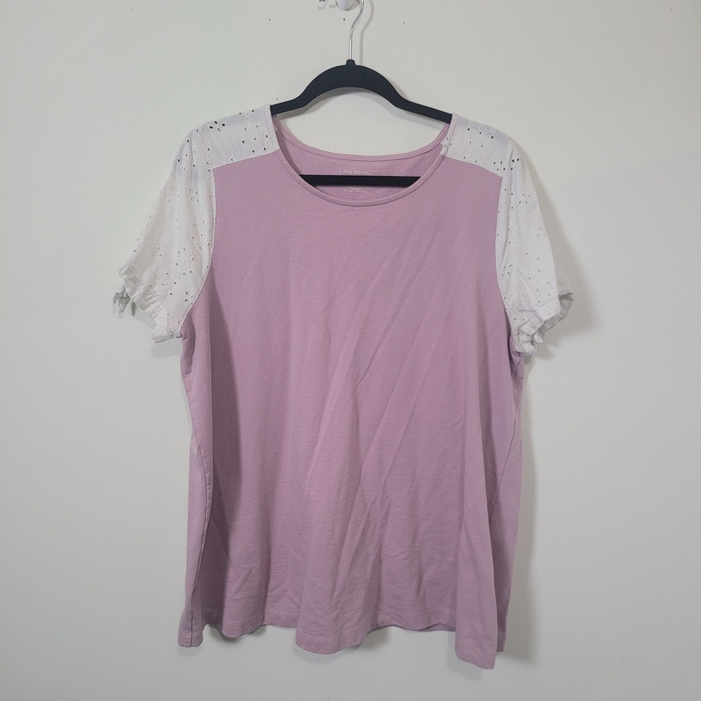 Lane Bryant 18/20 Eyelet Lace Sleeve Top Womens Purple Mixed Media Knit Tee